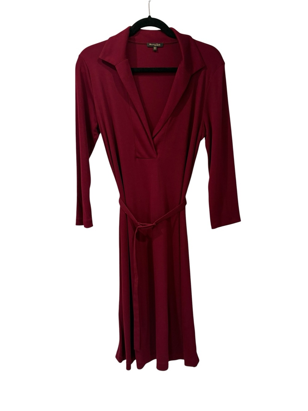 Massimo Dutti Wool Deep Burgundy Folded V-neck -Style Long Sleeve Dress M